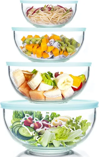 WhiteRhino Juego de 8 tazones de vidrio con tapas, juego de tazones de mezcla de vidrio resistente al calor (3.7QT, 2.1QT, 1.1QT, 0.53QT), tazones 4
