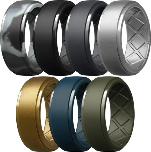 Egnaro - Anillos de silicona para hombre, 25/64 pulgadas (10 mm) de ancho y 3/32 pulgadas (2.5 mm) de grosor, alianzas de boda de goma, paquete de