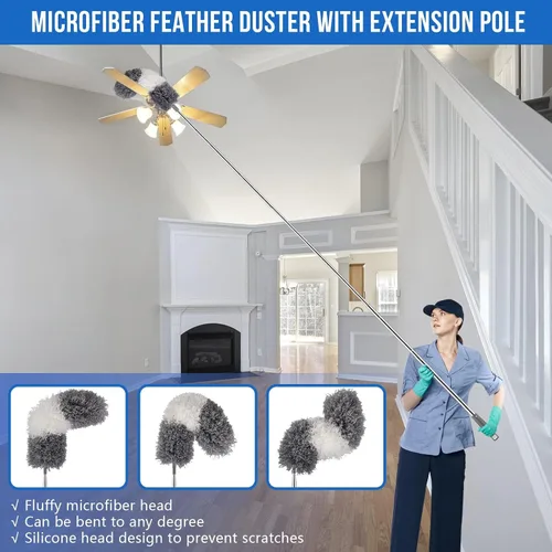 Miniatura 4 de UIMO Kit de plumero de microfibra 5 en 1 para quitar el polvo y la limpieza, poste de extensión de 30 a 100 pulgadas, agarre antideslizante, Azul