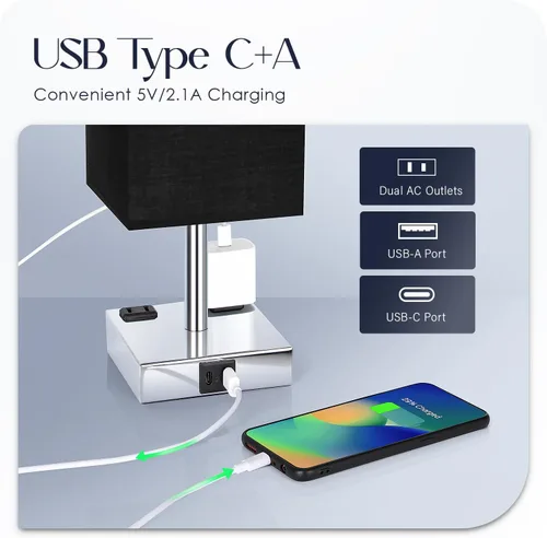 Miniatura 3 de Juego de 2 lámparas de mesita de noche de 3 vías regulables con puerto de carga USB C y USB A, 2 salidas de CA, bombillas LED de 3000 K (negro)