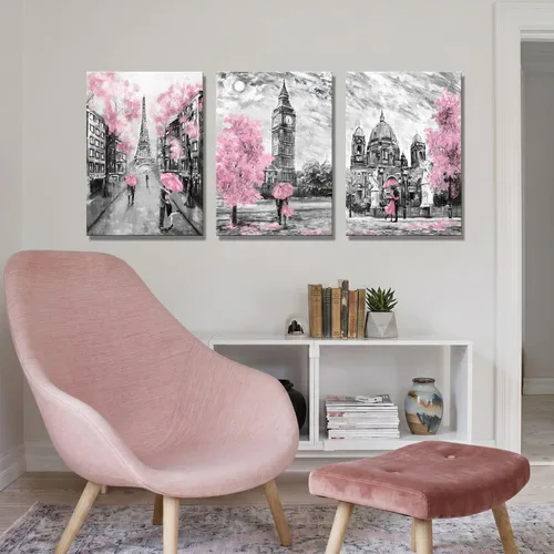 Miniatura 5 de Lienzo de pared en blanco y negro para sala de estar, dormitorio, baño, niñas, rosa, temática de París, decoración de habitación, impresión de Rosa