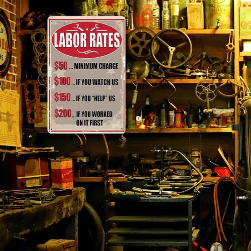 Miniatura 4 de Tasas laborales Letrero de estaño Divertido Mecánico Tienda Letreros de Metal Mecánico Señal de tarifa por hora Mecánico Decoración de tienda Garaje