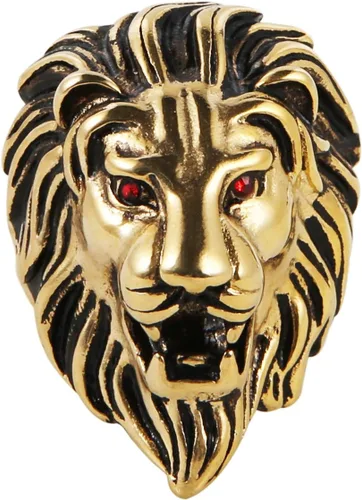 HZMAN Anillo vintage de acero inoxidable 316L para hombre, diseño de león, ojos rojos, metal pesado, rock, estilo punk, gótico, plateado, dorado,