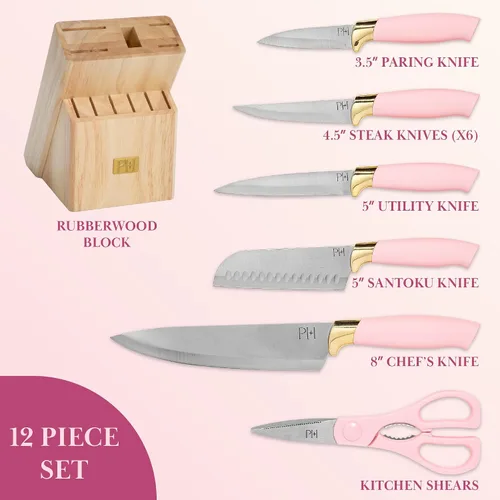 Miniatura 3 de Paris Hilton Juego de 12 cuchillos con bloque, cuchillería de acero inoxidable de alto carbono, cuchillas de precisión y mangos ergonómicos, rosa