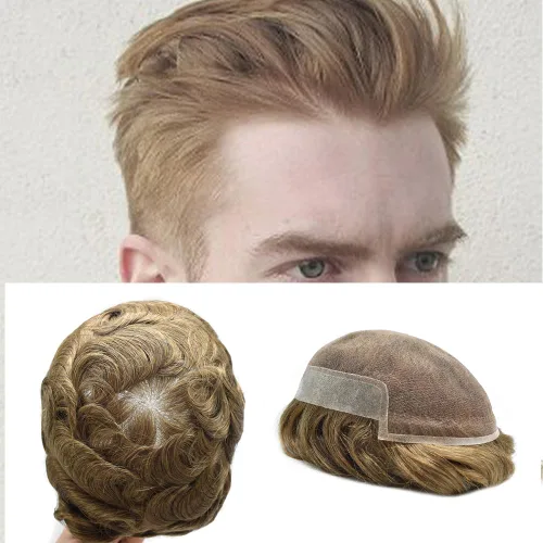 Miniatura 15 de Tupé de encaje suizo para hombres, piezas de cabello humano real, encaje frontal, sistema de reemplazo de cabello tipo tupé, nudo blanqueado, línea