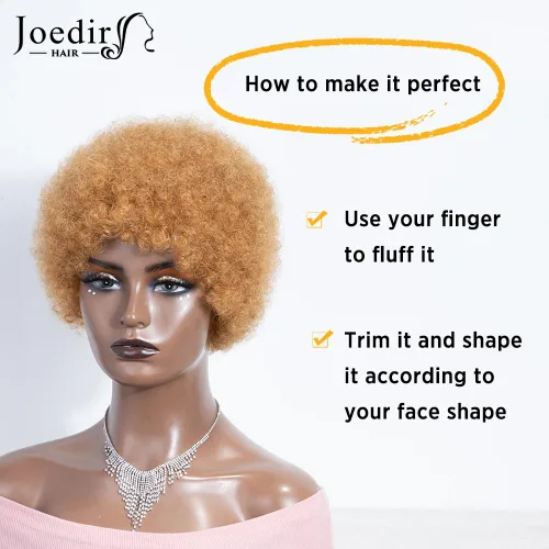 Miniatura 3 de Joedir HAIR - Pelucas cortas de cabello humano afro para mujeres negras, rubio miel, peluca afro crule, suave y flexible, sin pegamento, densidad 27