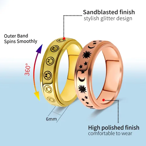 Miniatura 2 de Anillo giratorio para mujeres con ansiedad, de acero inoxidable de 0.236 pulgadas, para aliviar el estrés, anillo de ansiedad para damas