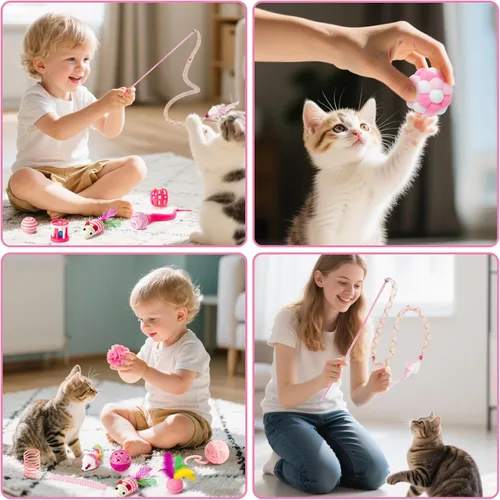 Miniatura 4 de MALLMALL6 Juego de juguetes interactivos para gatos, paquete de 27 piezas, paquete de 27 piezas, plumas rosadas, varita, resortes, ratones, sisal