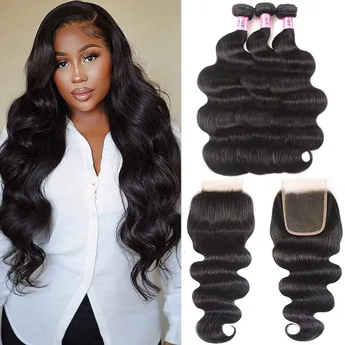 Miniatura 32 de UNice 4 manojos de cabello humano brasileño ondulado, 100% real, sin procesar, extensiones de cabello humano virgen, color negro natural, 20, 22