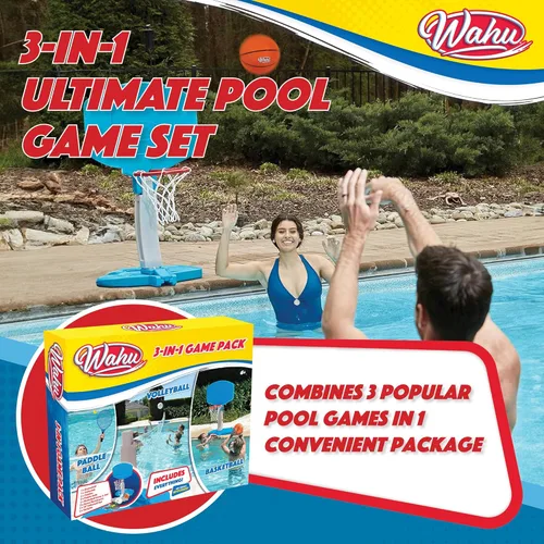 Miniatura 3 de Wahu Paquete de juego de deportes de piscina 3 en 1 con juego de baloncesto, voleibol y pelota de remo Multicolor