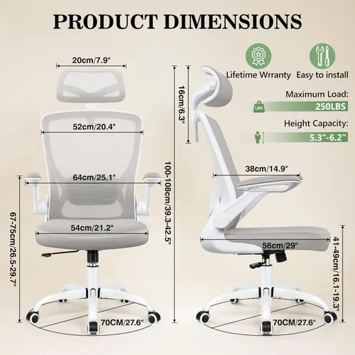 Miniatura 2 de BESTFAIR Silla de oficina ergonómica, sillas de oficina de malla transpirable con soporte lumbar ajustable, brazos abatibles, silla de escritorio