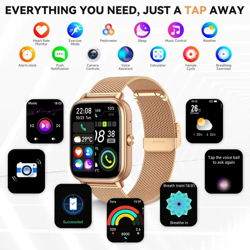 Miniatura 8 de Reloj inteligente para mujeres y hombres, batería de 1000 mAh, contador de actividades, compatible con Android iPhone iOS, 3 correas, dorado