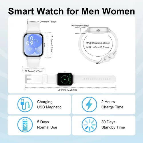 Miniatura 7 de Reloj inteligente para mujeres y hombres, reloj inteligente con pantalla táctil HD de 1.83 pulgadas con llamadas Bluetooth, hacer llamadas, Blanco