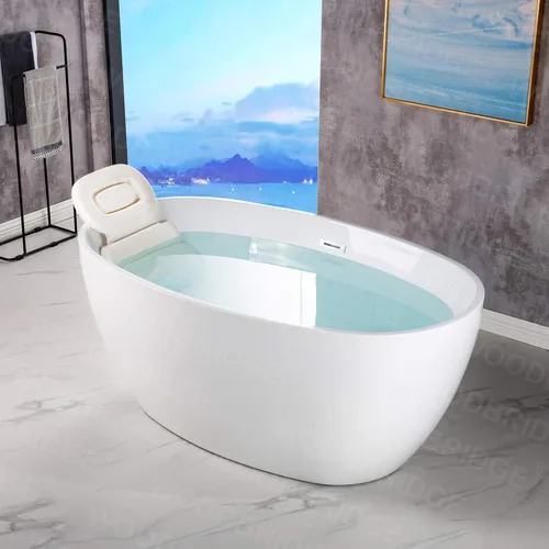 Miniatura 3 de WOODBRIDGE Bañera de acrílico independiente de 55 pulgadas, bañera blanca de remojo contemporáneo con desbordamiento y drenaje cromados, B1418