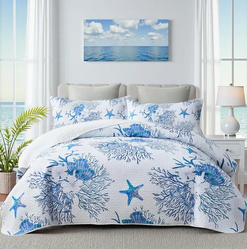 Miniatura 10 de weesire Ropa de Cama Costera Tamaño King 2 Fundas, Juegos de Edredón Náutico de Playa Colchas Oceánicas Cubrecama Costera Ropa de Cama de Verano