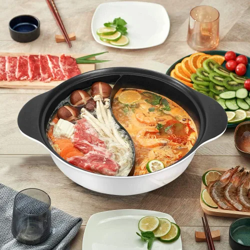 Miniatura 6 de Olla caliente con divisor para cocina de inducción de doble cara, olla de sopa de dos sabores china Shabu Shabu para fiesta en casa, reunión