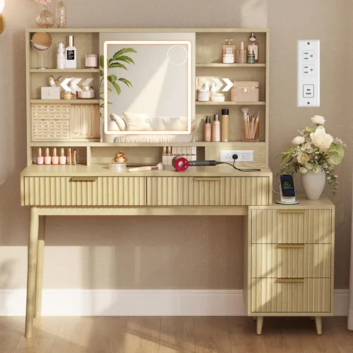 VASAGLE Colección MAXE - Escritorio de tocador con espejo deslizante y luces, tocador de maquillaje estilo Mid Century Modern estriado con espejo de