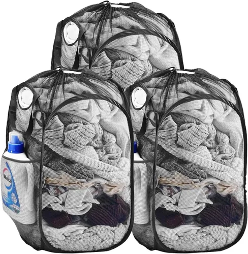 Miniatura 22 de TECHMILLY Cesta plegable de malla para la ropa sucia con asas resistentes y bolsillo lateral, cestas plegables portátiles para ropa para dormitorio
