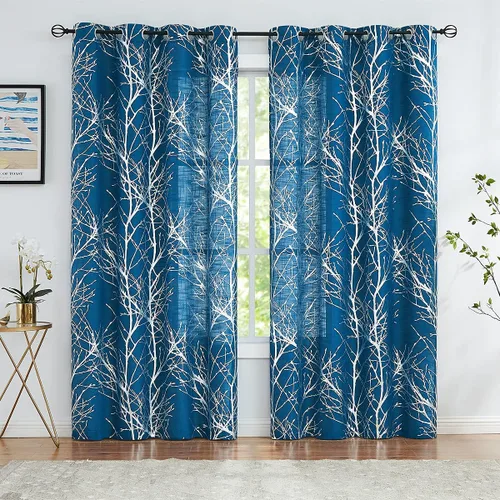 Miniatura 28 de FMFUNCTEX Cortinas de Lino Semitransparentes para Dormitorio, Cortinas Azules y Blancas de 63 Pulgadas de Largo para Sala de Estar, Cortinas de Rama