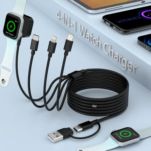 Cable de carga rápida universal 4 en 1 USB C para Apple Smart iWatch, 3M/10 pies tipo C+USB A cargador de reloj+Lightning*2+cable tipo C adaptador
