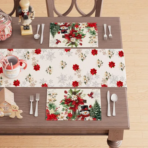 Miniatura 3 de XCHI Juego de 4 manteles individuales de mesa de Navidad con diseño de muñeco de nieve y poinsettia, manteles de mesa de invierno para decoración