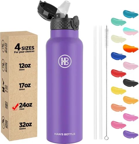 Miniatura 11 de Han's Bottle - Botella de agua para niños con tapa con pajilla - Vaso reutilizable de acero inoxidable aislado para niñas, niños, taza termo, 17