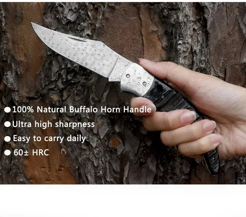 Miniatura 4 de YOUSUNLONG Navaja de bolsillo – Cuchillo plegable – Total 8.071 in – Hoja de acero de Damasco japonés – Mango de cuerno de búfalo negro natural