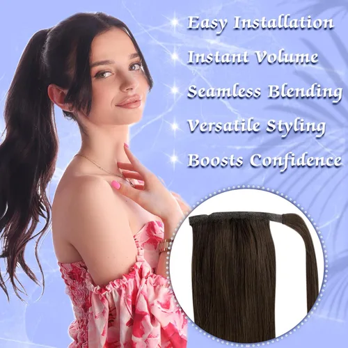Miniatura 6 de Full Shine - Extensión de cola de caballo con clip, color marrón oscuro con mechas rubio miel, extensión de cabello humano real para mujeres, 14