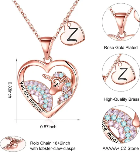 Miniatura 5 de IEFRICH Regalos de unicornios para niñas, collares chapados en oro rosa, collares de unicornio con corazón para mujeres y niñas, collares