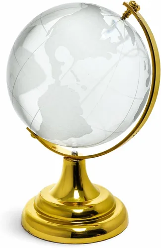 BANBERRY DESIGNS Globo del mundo de cristal grabado en soporte y base de color latón, escritorio, caja de regalo, 2.25 pulgadas de diámetro