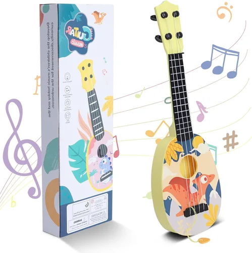 YOLOPLUS+ Ukelele de juguete para niños, juguete musical de guitarra para niños, 4 cuerdas de acero de 17 pulgadas, con púa, juego educativo