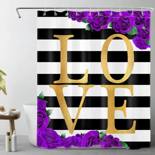 Miniatura 14 de LB Cortina de ducha con diseño de flores rojas y rosas para el día de San Valentín, diseño de hojas verdes y doradas, cortinas de ducha para baño