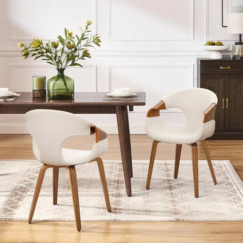 Miniatura 6 de Art Leon Silla de escritorio sin ruedas - Silla moderna de mediados de siglo, silla de escritorio de madera tapizada de tela, silla de oficina