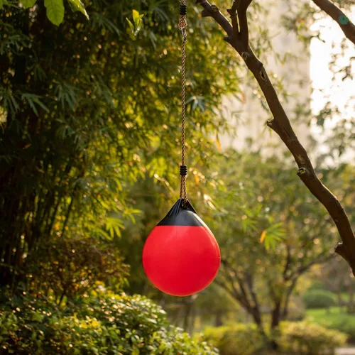 Miniatura 5 de Columpio redondo de bola ajustable colgante de patio al aire libre rojo, bola redonda inflable de goma resistente, bomba incluida