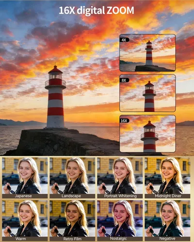 Miniatura 4 de Cámara digital 8K para fotografía, cámara de vlogging WiFi de 92MP para pantalla frontal y trasera, zoom digital 18X, cámara de apuntar y disparar
