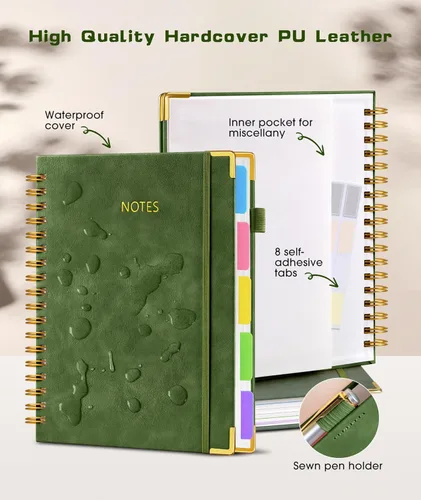 Miniatura 2 de Cuaderno universitario de espiral con tapa dura de cuero de 8 x 10 pulgadas, con pestañas separadoras extraíbles, para 5 materias, a rayas; diario
