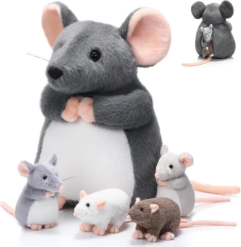 Miniatura 8 de Arrowbash - 5 piezas de animales de peluche de ratón con bebés, peluche de rata mamá de 14 pulgadas con 4 ratones pequeños en el abdomen