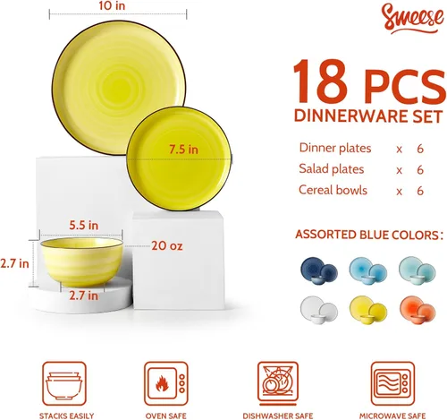 Miniatura 2 de Sweese Juego de platos y cuencos, juego de vajilla redonda de porcelana de 18 piezas para 6, resistente a los arañazos, apto para lavavajillas