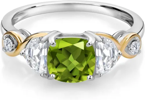Miniatura 2 de Gem Stone King Anillo de plata 925 y oro amarillo de 10 quilates, con 3 piedras, peridoto y moissanita media luna (1.51 quilates Cttw)