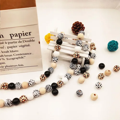 Miniatura 5 de Kit de 150 piezas de vaca de leopardo con cuentas de madera de 0.630 in de madera redonda para decorar la fabricación y manualidades