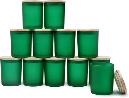 SHOWIN Tarros gruesos para hacer velas, 12 unidades, tarros vacíos de 7 onzas con tapas de madera para hacer velas, contenedor de muestra, verde