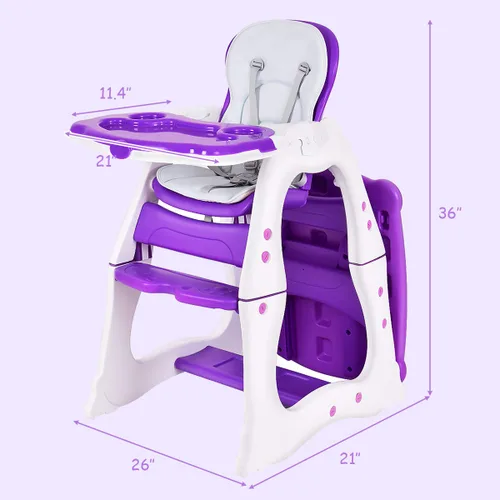Miniatura 7 de Costzon Silla alta para bebé, juego de mesa y silla infantil 3 en 1, asiento elevador convertible con bandeja de alimentación ajustable de 3 Púrpura