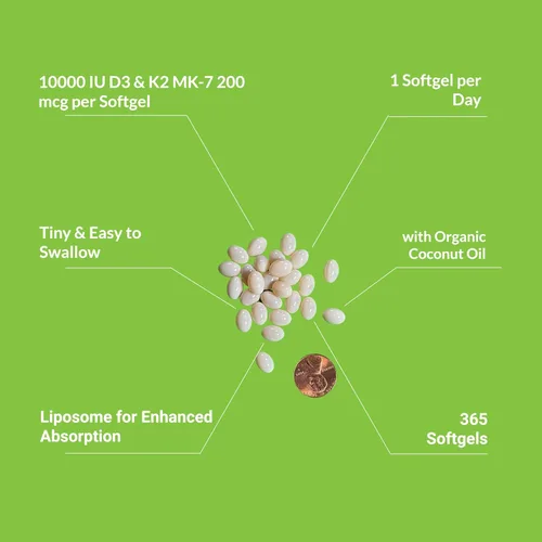 Miniatura 3 de UpNourish Vitamina liposomal D3 K2 10000 UI D3 y K2 MK-7 200 mcg - 365 Vitamina D3 k2 (Vitamina D3 con K2) Mini cápsulas blandas - Suplemento