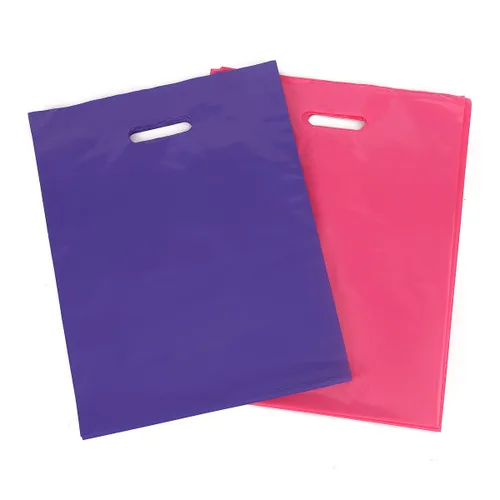 Miniatura 2 de 100 Bolsas 12x15 plástico color rosa y morado brillante para compras, con asas