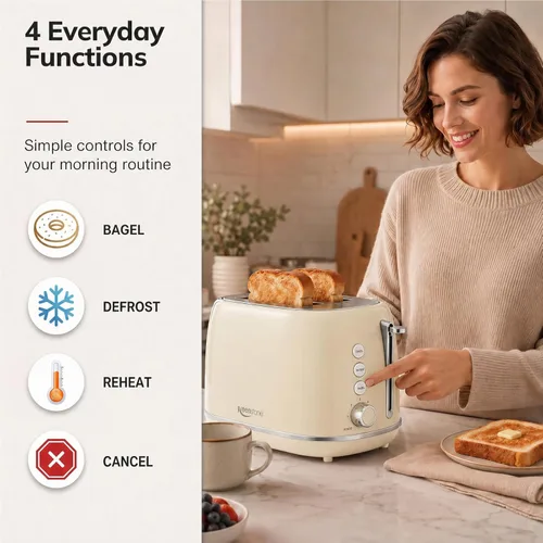 Miniatura 4 de Tostadoras de 2 rebanadas de acero inoxidable retro con bagel, función de cancelar, descongelar y 6 ajustes de tostado de pan, tostadora de bagel