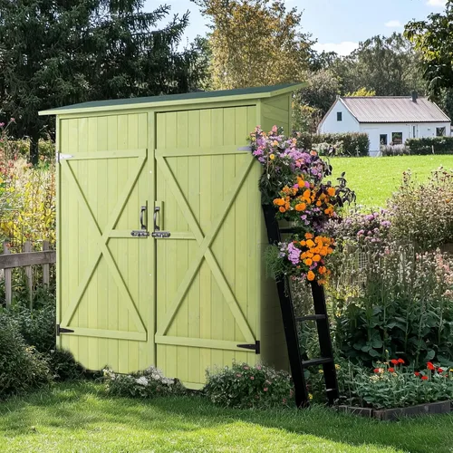 Miniatura 2 de VINGLI Cobertizo de almacenamiento de madera para exteriores, cobertizo de jardín extra grande con 2 pestillos de seguridad, organizador de Verde