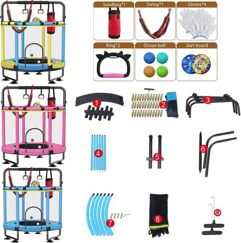 Miniatura 5 de Trampolín para niños, cama elástica completa antioxidante de 440 libras para interiores y exteriores con red, trampolín ajustable de 55 pulgadas
