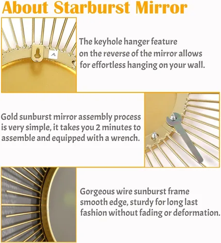Miniatura 3 de Espejo grande dorado de 24 pulgadas, espejos de metal Starburst, espejo solar moderno de mediados de siglo, decoración de pared para sala de estar