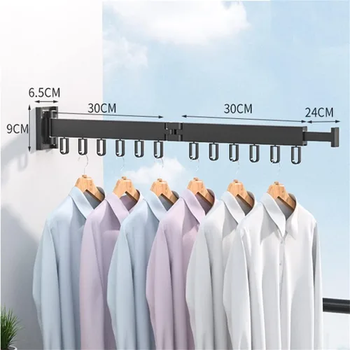 Miniatura 2 de Percha de ropa plegable para montaje en pared, estante de secado de tela retráctil para interiores y exteriores, ahorro de espacio de aluminio