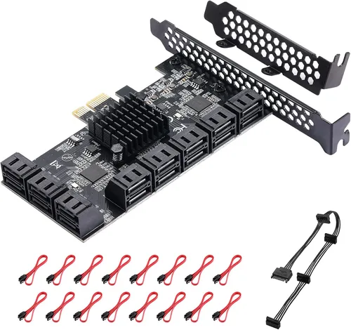 PCle Tarjeta de expansión de controlador SATA III de 16 puertos, 6Gbps X1/X4/X8/X16, soporta 16 dispositivos SATA con cables y soporte de perfil